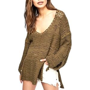 Free People Flower Child Tunic Sweater Moss Green Crochet Deep V-Neck Pullover S